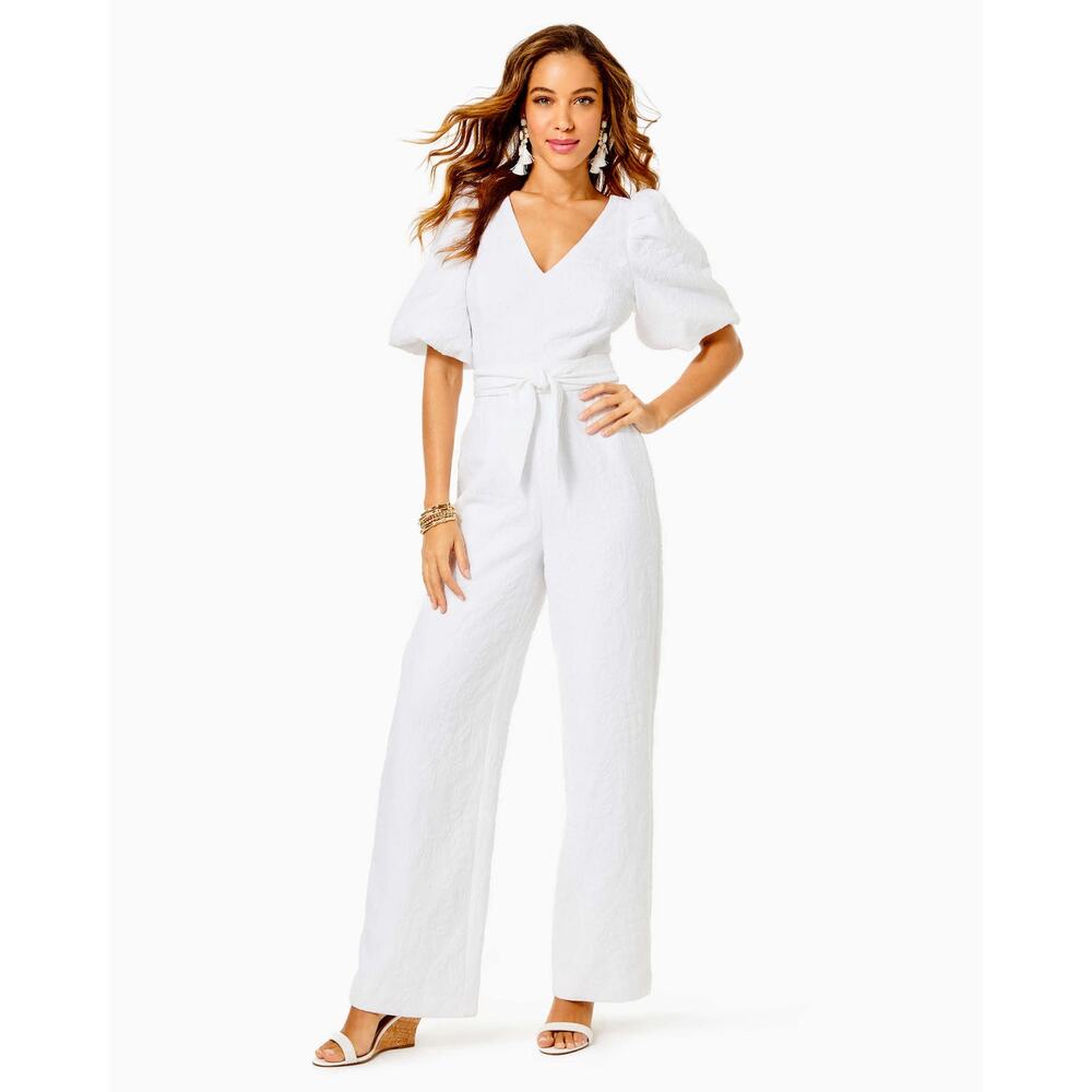 Lilly Pulitzer Kirrabelle Jumpsuit 16 White Jacquard Puff Sleeve NWT